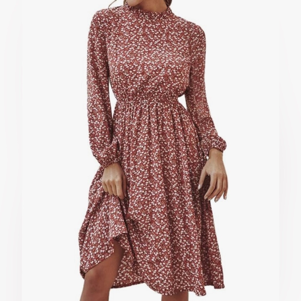 Floerns Women’s Long Sleeve Ruffle Trim Dress - Red Floral Print - Size Large